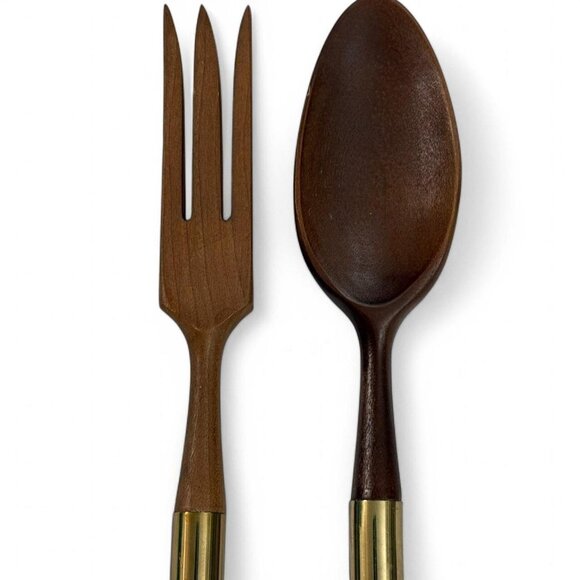 Vintage Mcm Nasco Japanese Brown and gold wooden / metal salad fork & spoon set - Picture 4 of 7